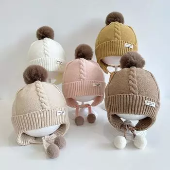 Английская маленькая стандартная детская шапочка с ушками для волос осенне-зимняя шерстяная шапка для малышей вязаная шапка зимняя теплая детская шапка с ушками Suitable for about 6-36 months (45-50cm) белый