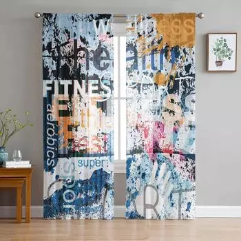 Английский алфавит Потертый ретро-арт Уличное граффити Тюль Прозрачные шторы Гостиная Спальня Оконная штора Вуаль Органза Шторы W135 x H115cm x1&Rod Pocket