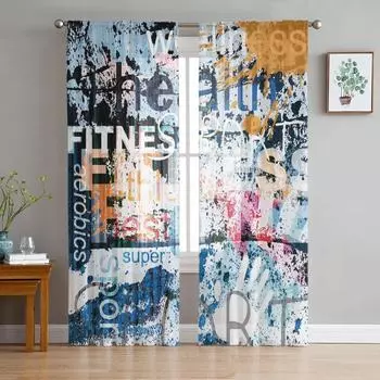 Английский алфавит Потертый ретро-арт Уличное граффити Тюль Прозрачные шторы Гостиная Спальня Оконная штора Вуаль Органза Шторы W135 x H115cm x1&Rod Pocket