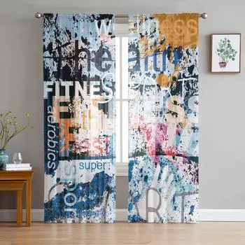 Английский алфавит потертый ретро-арт уличные граффити шифоновые прозрачные шторы для гостиной, спальни, оконная вуаль, тюлевая занавеска W135 x H115cm x1