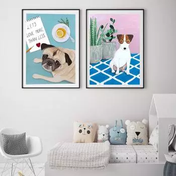 Английский бультерьер с растениями, мультяшные постеры и принты, милые собаки, холст, живопись, настенные художественные фотографии для детской спальни, декор 21cm30cm NoFrame