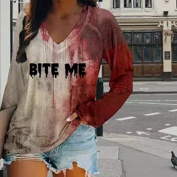 Английский принт женские футболки женские топы с длинным рукавом V-образный вырез пуловер женские футболки футболка для женщин XS красный