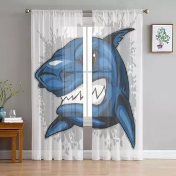 Angry Shark Head On Grunge Tulle Sheer Curtains for Living Room the Room Bedroom Kitchen Decoration Voile Organza Curtains 135W x 114H(cm)