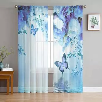 Animal Butterfly Flower Blue Rose Water Waves Tulle Sheer Curtains for Living Room Bedroom Window Curtain Voile Organza Drapes W135 x H115cm x1&Rod Pocket