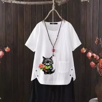 Animal Cat Print V-neck Cotton Hemp T-shirt for Women - 2025 Summer Trendy & Fun S белый