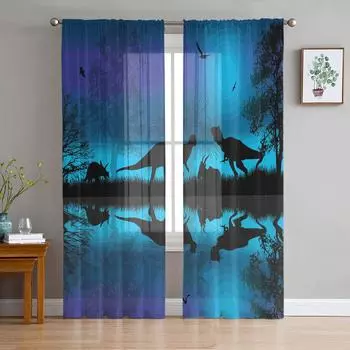 Animal Dinosaur Tree Silhouettes Moonlight Sheer Curtains for Living Room Tulle for Windows Voile Yarn Short Bedroom Curtains W135 x H114cm