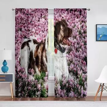 Тюлевые шторы с изображением собаки, австралийской овчарки, розовыми цветами для декора гостиной, спальни, прозрачные прозрачные занавески из вуали 1 PCS W100XH250cm&Rod Pocket