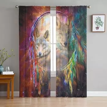 Animal Dream Cat Red Starry Wolf Прозрачные шторы для гостиной Современные вуалевые шторы для спальни Тюль Шторы для оконных занавесок Декор W135 x H114cm