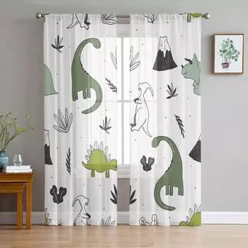 Animal Green Dinosaur Plant Sheer Curtains for Bedroom Living Room Decoration Window Curtain Kitchen Tulle Voile Organza Drapes W135 x H115cm x1&Rod Pocket