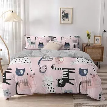 Animal Kitty Duvet Cover Lovely Pet Pink Cat Cartoon Quilt Cover Polyester Simple Style Theme Bedroom Decorations Children Girl 135x200cm 2pcs