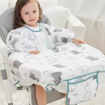 Animal Pattern Baby Bibs Cartoon Baby Apron Lovely Baby Eating Fedding Bib Baby Feeding Supplies Blue&White-No Sleeve