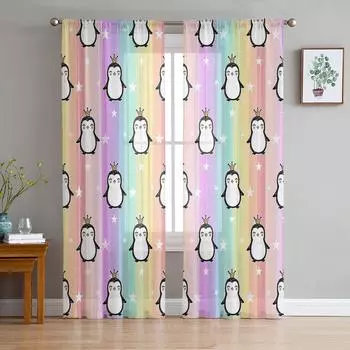 Animal Penguin Stars Rainbow Stripes Tulle Curtain Voile Transparent Tulle for Bedroom Living Room Kitchen Sheer Window Curtains W135 x H114cm