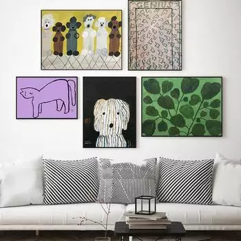 Животное Пудель Встреча Зеленые Растения Художественные Печати Холст Изящные Маленькие Дневные Настенные Плакаты Скандинавские Декоративные Картины для Дома Картины 21x30cm No Framed бордовый