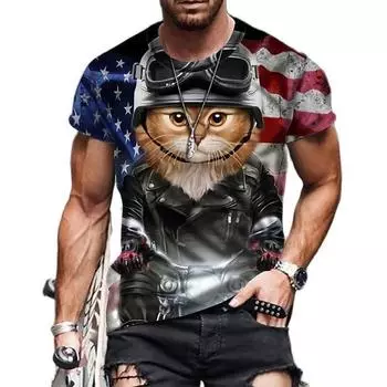 Animal Print 3D T-shirt Cute Cat Short Sleeved Men s Lion T-shirt Casual Men s Clothing S