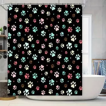 Animal Print Shower Curtain Set Black Background with Multicolored Paw Prints for Bathroom Decor 3D Printed Fabric Waterproof Ba 90x180cm