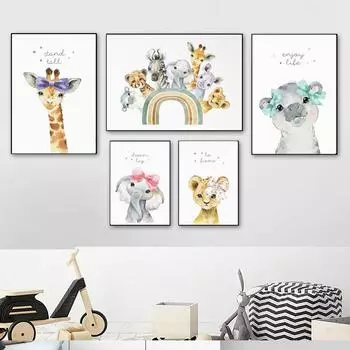 Animal Rainbow Elephant Giraffe Zebra Wall Art Canvas Painting Nursery Posters And Prints Wall Pictures Baby Kids Room Dcor No Frame 21*30cm No Frame
