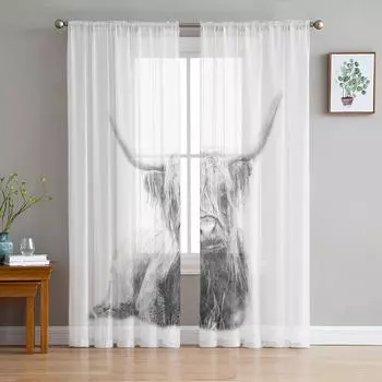 Animal Scottish Cow Window Treatment Tulle Modern Sheer Curtains for Kitchen Living Room the Bedroom Curtains Decoration W135 x H114cm