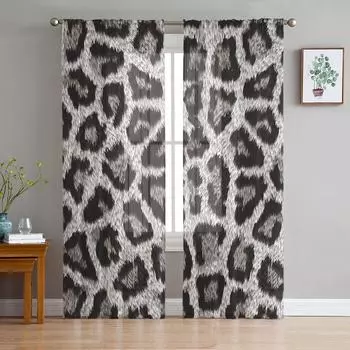 Animal Skin Texture Leopard Tulle Sheer Window Curtains for Living Room Kitchen Children Bedroom Voile Hanging Curtain W135 x H114cm