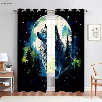 Животное Звезда Волк 3D Печатная Штора Карман Окна Карман Декоративная Штора Кухня Гостиная Спальня Шторы 2 Части W50xH140(CM)x2PCS&Rod pocket