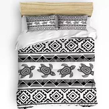 Пододеяльник с изображением черепахи в черно-белом этническом стиле из 3 предметов, комплект постельного белья для дома, пододеяльник, наволочки, комплект постельного белья без простыни EU single(135x200cm)