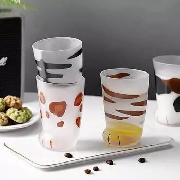 Animals Glass Cup 300Ml Creative Cute Cartoon Cat Paw Water Bottle Milk Juice Frosted Drinking Cold Drink Mug Coffee Cup чёрный