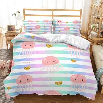 Animals Theme Duvet Cover Set Jellyfish Mermaid Cartoon Pattern Kawaii Bedding Set King Twin Full Size Polyester Comforter Cover 70x133cm 2pcs