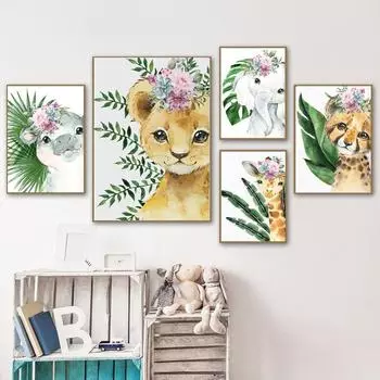Animals Wearing Flowers And Green Plants Nursery Wall Art Canvas Painting Posters And Prints Wall Pictures Baby Kids Room Dcor No Frame 21*30cm No Frame