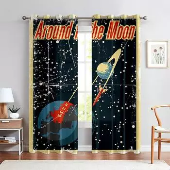 Animated Cartoon Spaceship 3d Digital Printed Curtains, 100% Polyester, Children s Room, Living Room, Theme Decorative Curtains W50xH140(CM)x2PCS&Rod pocket