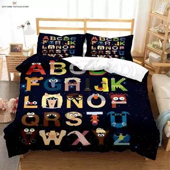 Animation Cartoon Letter Printed Quilt Cover Colorful Children Bedding Set Quilt Cover Pillowcase 3 Pieces Gift EU 135x200cm 2PCS