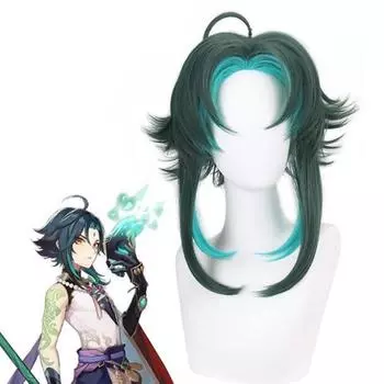 Аниме 45 см, парик для косплея, горячая игра, парик Genshin Impact Xiao, предварительный стиль, высокая термостойкость, парики «Покоритель демонов» 42-45cm зелёный