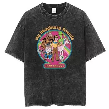 Anime Alien Printed T Shirt Men Retro Washed 100% Cotton Tops Tees Harajuku Tshirt Streetwear Unisex T-shirts S