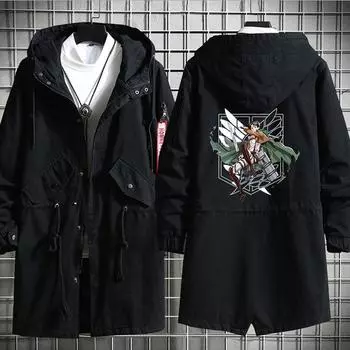 Аниме Атака Титанов Костюм Леви Микаса Эрен Косплей Мужское Длинное Пальто с Капюшоном Демисезонная Куртка Ветровка Верхняя Одежда Пальто S чёрный
