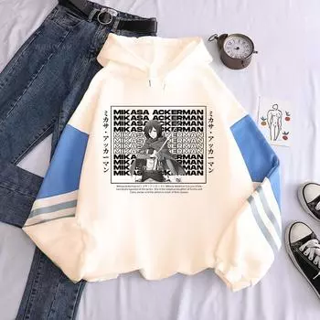Аниме Атака титанов Микаса Акерман Графический принт с капюшоном Мужчины Женщины Манга Толстовки Свободный повседневный свитшот Harajuku Пуловер XS белый