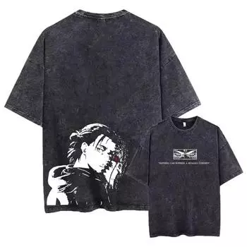 Аниме Атака Титанов Выстиранные футболки Ретро Панк Готика Хлопок Винтажная Футболка Харадзюку Повседневная Мужская Футболка с Коротким Рукавом Топ S