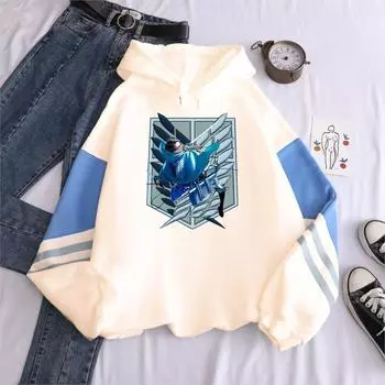 Anime Attack On Titan Eren Patchwork Hooded Sweatshirt Unisex Cartoon Costume Fashion Pullover Winter Warm Hoodies Streetwear XS белый