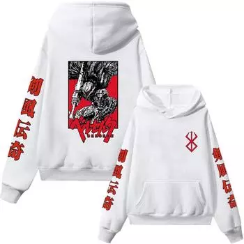 Аниме Berserk Guts Графический принт с капюшоном Мужчины Женщины Толстовки Повседневная Свободная винтажная толстовка Harajuku Мужской Four Seasons Уличная одежда Манга Пуловер XS белый
