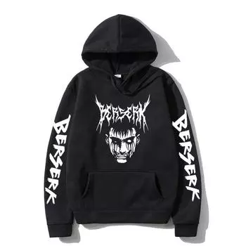 Аниме Berserk Guts Винтажный графический принт с капюшоном для мужчин и женщин Толстовки с капюшоном Повседневная свободная толстовка Распространенная уличная одежда Пуловер Harajuku XS чёрный