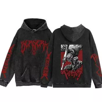 Аниме Berserk Washed Hoodies Guts Manga Print Hoodies Men Women Harajuku Pullover Loose Cotton Sweatshirts Y2k Clothing Unisex S чёрный