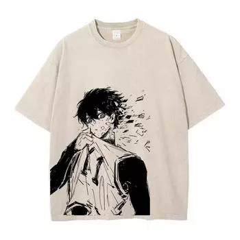 Аниме Blue Lock Футболки с принтом Мужские Футболка с винтажной стиркой Харадзюку Оверсайз Хлопковая футболка Хлопковая Мода Уличная одежда Топ S