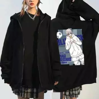 Аниме BLUE LOCK Seishiro Nagi, толстовки на молнии с графикой, мужские и женские винтажные модные пуловеры, зимние повседневные теплые куртки на молнии, пальто S чёрный