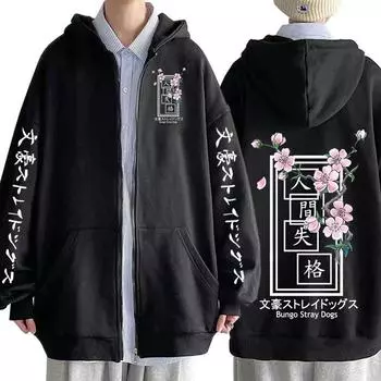 Аниме Bungo Stray Dogs Dazai Osamu Print Hooded Men Women Zipper Hoodies Harajuku Sweatshirt Unisex Manga Loose Zipper Jacket XS чёрный