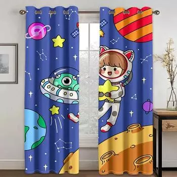 Anime Cartoon Space Astronaut Thick Blackout Curtains for Living Room Bedroom Hotel High Shading Windows Drape New Style Curtain W55 X H120cm X 2&HOOK