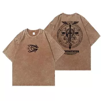 Аниме Цельнометаллический алхимик Винтажная выстиранная футболка Оверсайз Хлопковые футболки Мужская футболка Хлопковая уличная одежда Унисекс Топ S