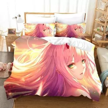 Аниме Darling in the Franxx 02 Zero Two Bedding Set Double Twin King Duvet Cover Pillowcase Boys Girls Adults Bedroom EU Single 135x200cm