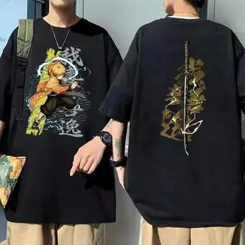 Аниме Demon Slayer Agatsuma Zenitsu футболка с графическим принтом унисекс женская мода унисексга футболки мультфильм Kimetsu No Yaiba футболка большого размера L