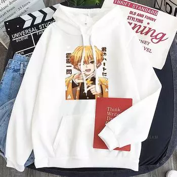 Anime Demon Slayer Agatsuma Zenitsu Patchwork Hoodies Unisex Harajuku Aesthetic Boys Winter Keep Warm Fashion Streets Sweatshirt XS чёрный