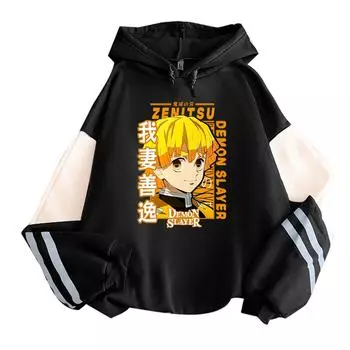 Аниме Demon Slayer Agatsuma Zenitsu толстовки Harajuku толстовки уличная женская одежда толстовки с капюшоном пуловер мужская одежда S чёрный
