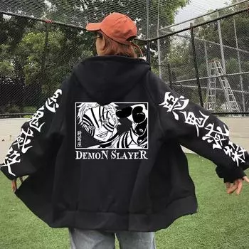 Аниме Demon Slayer Akaza Cool Printed Hooded Men Women Kimetsu No Yaiba Zip Hoodies Plus Size Sweatshirt Harajuku Zipper Jacket XS чёрный