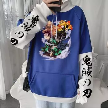 Anime Demon Slayer Kamado Tanjirou And Hashibira Inosuke Print Men Women Patchwork Hoodies Loose Pullover Harajuku Sweatshirt S серый