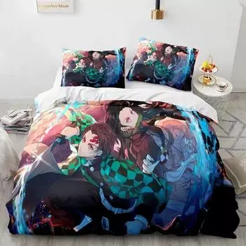 Anime Demon Slayer Kamado Tanjirou Bedding Set Duvet Cover Bed Set Quilt Cover Pillowcase Comforter king Queen Size Boys Adult 135X200cm-2pcs